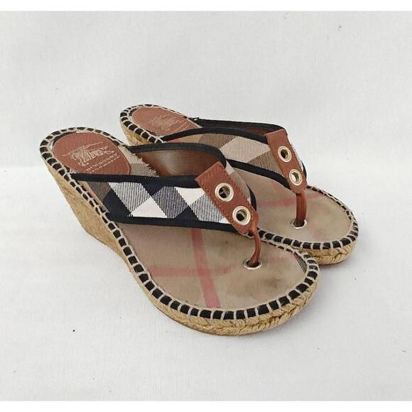 Burberry Espadrille Wedge Sandals Nova Check Leather Thong Natural Tan Brown‎ 36 - Picture 2 of 11